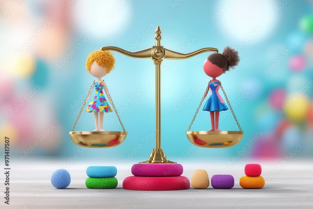 Balanced scales with gender symbols, gender equality in justice, flat ...