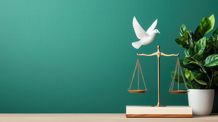 Balanced scales with a dove, peace and justice, flat design illustration