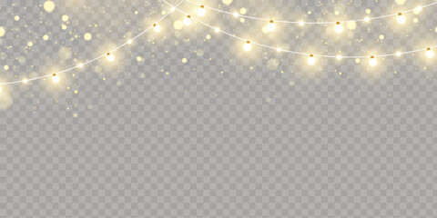 Poster - Christmas lights isolated on transparent background. Set of golden Christmas glowing garlands with sparks. For congratulations, invitations and advertising design. Vector