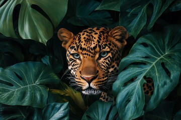 a close up of a leopard surrounded by leaves