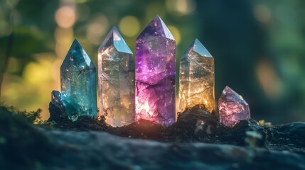 Poster - Colorful crystals sparkle in sunlight on forest floor during a serene afternoon in a lush natural setting