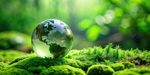 Green globe resting on vibrant moss in a symbolic environmental concept