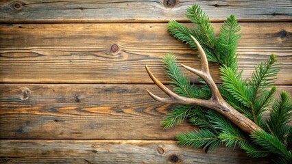 Evergreen branch and deer antler on rustic wooden surface in a natural setting