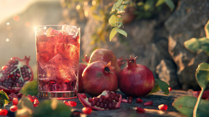 A glass of pomegranate juice with ice cubes, surrounded by cut red fruits in the background