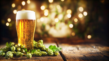 Wall Mural - Glass of beer with hops on rustic wooden table in front of backdrop with festive lights bokeh. Oktoberfest background