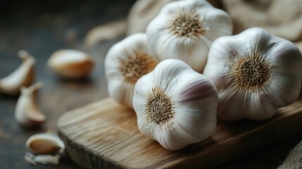 A close-up of fresh garlic bulbs with their papery skin still intact, arranged on a rustic wooden cutting board, highlighting their natural texture and color.