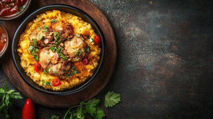 Wall Mural - Bowl of couscous with meatballs, garnished herbs and chili, on dark textured background