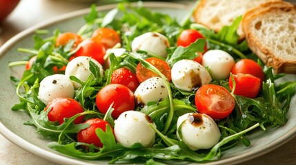 A colorful salad with fresh arugula, cherry tomatoes, mozzarella balls, and a drizzle of balsamic vinaigrette, served on a plate with Italian bread on the side.