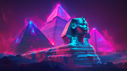 Wall Mural - Generative ai. wallpaper, neon glow egyptian art. beautiful pyramids bathed in neon lights, futuristic, painting, photo frame, design. egyptian god. king and queen. Egyptian Pyramids. Illustration