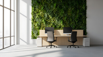 Modern Office Interior Design with Green Wall, Desk and Two Chairs for Productivity, Inspiration, and Wellness