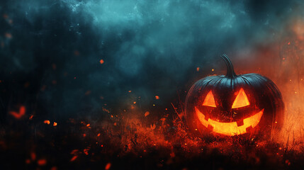 A Halloween pumpkin in a dark, foggy night, with glowing fire and smoke, creating a Halloween-themed background, Generative AI