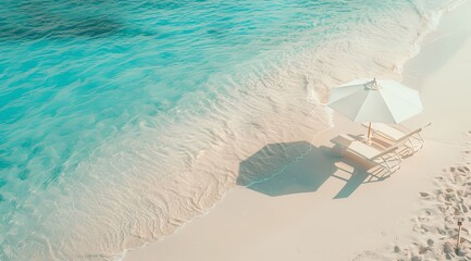 two white lounge chairs and a beach umbrella on a white sand beach with turquoise water.