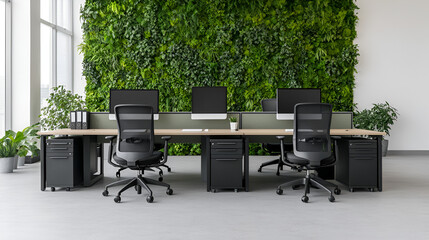 Wall Mural - Modern Office Interior Design with Green Wall, Desk, Chairs, and Natural Light