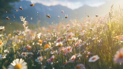 Wall Mural - A vibrant field of wildflowers is buzzing with bees on a sunny day, with mountains in the background.