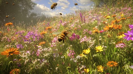 Wall Mural - Bees fly over a field of colorful wildflowers with a blurred background.