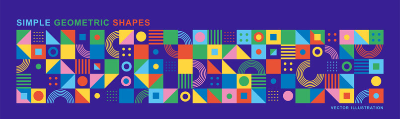 Abstract modern background with geometric shapes. Squares, circles, triangles, stripes. Bauhaus style. Set with graphic elements. Seamless pattern. Design in minimal flat style. Vector illustration.