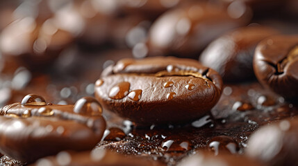 Wall Mural - Macro shot of coffee beans with shiny water droplets enhancing their rich texture