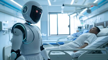 Poster - healthcare robot providing medical support to patient in hospital interior