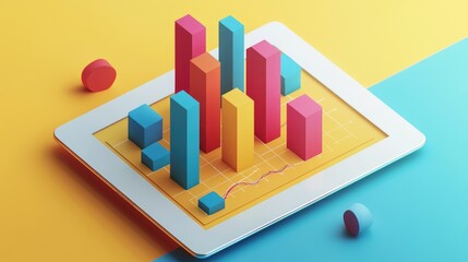 Poster - A flat lay of a digital tablet showing a 3D bar graph, with bars popping out of the screen, symbolizing interactive data analysis in a modern business setting