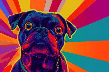 A vibrant, stylized illustration of a pug with a colorful background.