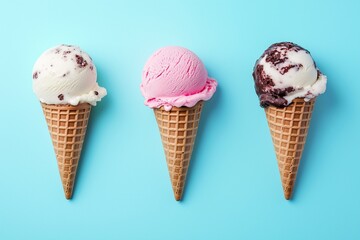 Three ice cream cones with vanilla, strawberry, and chocolate sprinkles