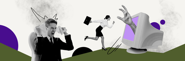 Aufkleber - Collage image of stressed depressed busy people work hard office routine disorder isolated on drawing background