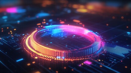 Poster - A futuristic 3D pie chart with glowing neon segments, rotating in a digital space, symbolizing modern data visualization and business analytics.