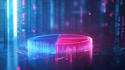 Poster - A futuristic 3D pie chart with glowing neon segments, rotating in a digital space, symbolizing modern data visualization and business analytics.