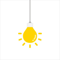 Hanging glowing light bulb. Creativity, business, idea, brainstorm concept. Flat vector design illustration isolated on white background.