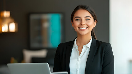 Wall Mural - Confident Businesswoman Smiling in Office Setting with Laptop