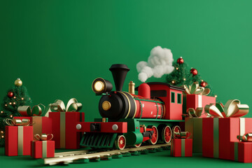 Christmas train bringing gifts surrounded by christmas trees on green background