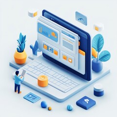 Poster - 3D Isometric Illustration of a Man Using a Laptop with Charts and Icons
