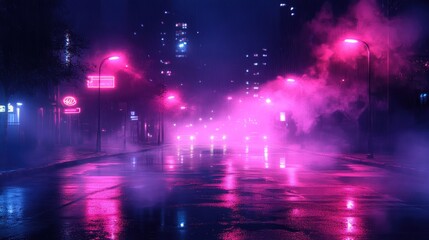 A wet city street at night with pink and blue neon lights reflecting off of the wet asphalt.