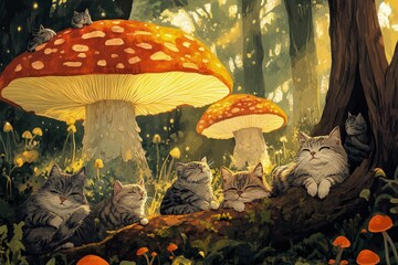 Wall Mural - a painting of a group of cats sitting in front of a mushroom