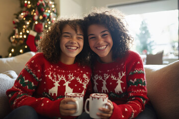 Two happy twin sisters are smiling and enjoying hot chocolate while wearing matching christmas sweaters