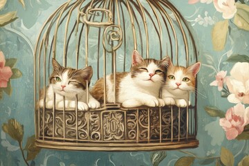 a painting of three cats in a birdcage