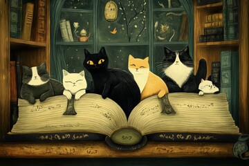 Canvas Print - a painting of cats sitting on an open book