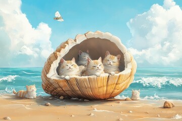 Wall Mural - a painting of three kittens in a shell on the beach