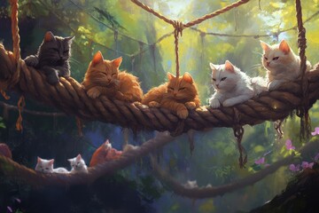 Wall Mural - a group of cats sitting on top of a rope