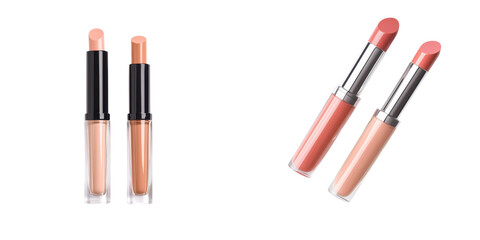 Close-up of stylish lipsticks showcasing various nude shades for a trendy makeup look. transparent background