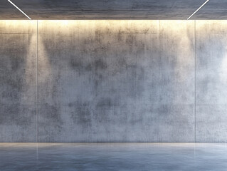 Modern concrete wall with soft overhead lighting and polished reflective floor, creating a minimalist industrial interior, ideal for architecture, product displays, and contemporary design backgrounds