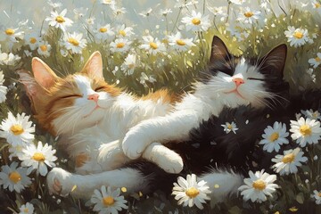 Wall Mural - a painting of two cats laying in a field of daisies