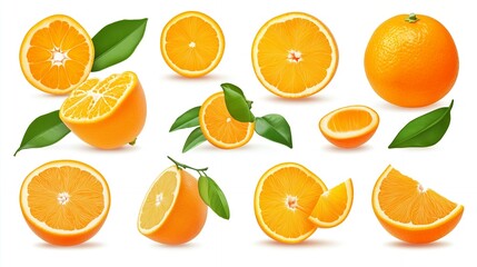 Wall Mural - Collection of fresh oranges, halves, and wedges isolated on white background.