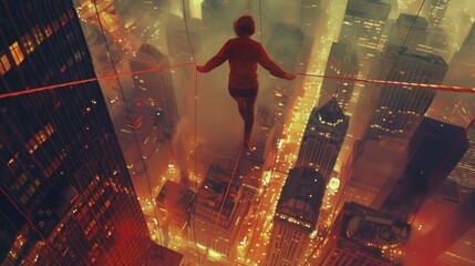 Man Walking Tightrope Above Cityscape at Night