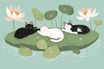 Wall Mural - a couple of cats laying on top of a lily pad