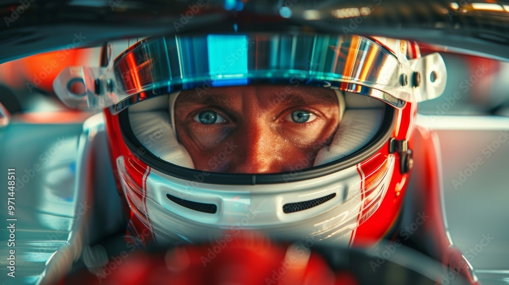 Race Car Driver Closeup Blue Eyes Behind Helmet Visor Stock Photo ...