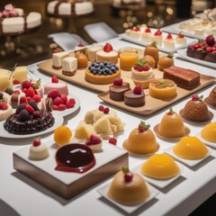 Elegant table spread featuring assorted desserts including decorated cakes and small pastries.