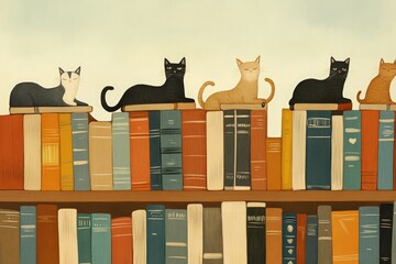 Canvas Print - a painting of three cats sitting on top of books