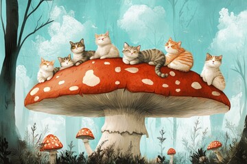 Wall Mural - a group of cats sitting on top of a mushroom