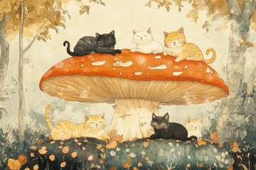 Wall Mural - a group of cats sitting on top of a mushroom